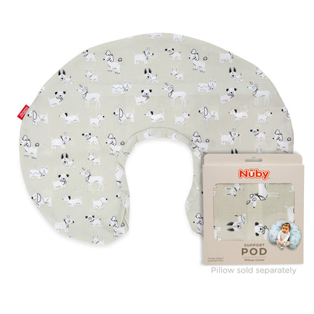 A Support Pod Pillow Cover by Nuby for infant feeding pillows, shown in light gray with white deer print. Packaging and baby using product visible. Machine washable. Text: “Pillow sold separately.”.