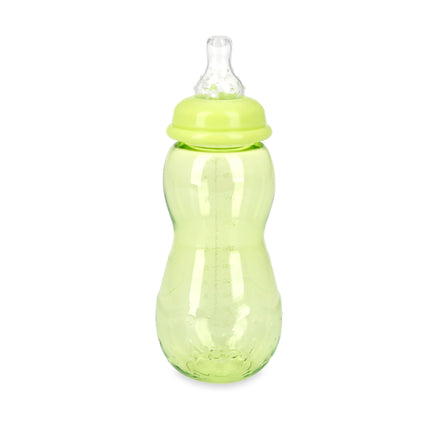 The Nuby Non-Drip Standard Neck 10 oz Baby Bottle (3 Pack) features translucent green, curved bottles with wide bases, clear silicone nipples, matching green lids, and anti-colic valves for a comfortable feeding experience.