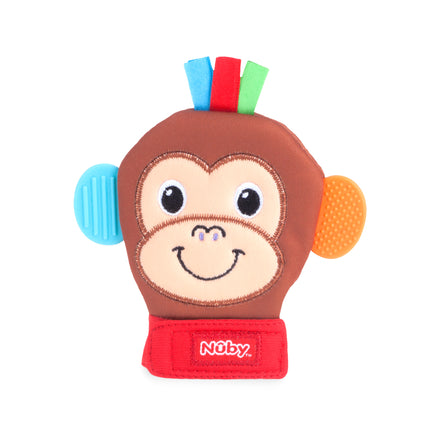 The Nuby Happy Handimals Teething Mitten features a soft, brown monkey shape with blue and green tags, textured blue and orange silicone ears, a smiling face, and a red wrist strap labeled Nuby.